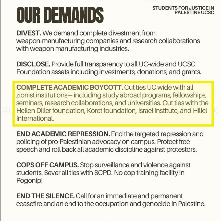 This is the most overt example of Jew hatred I’ve seen. Students for Justice in Palestine at UC Santa Cruz is calling for the university to cut ties with organizations that support Jewish culture, education, and community. This isn’t about Israel. This is about purging Jews…
