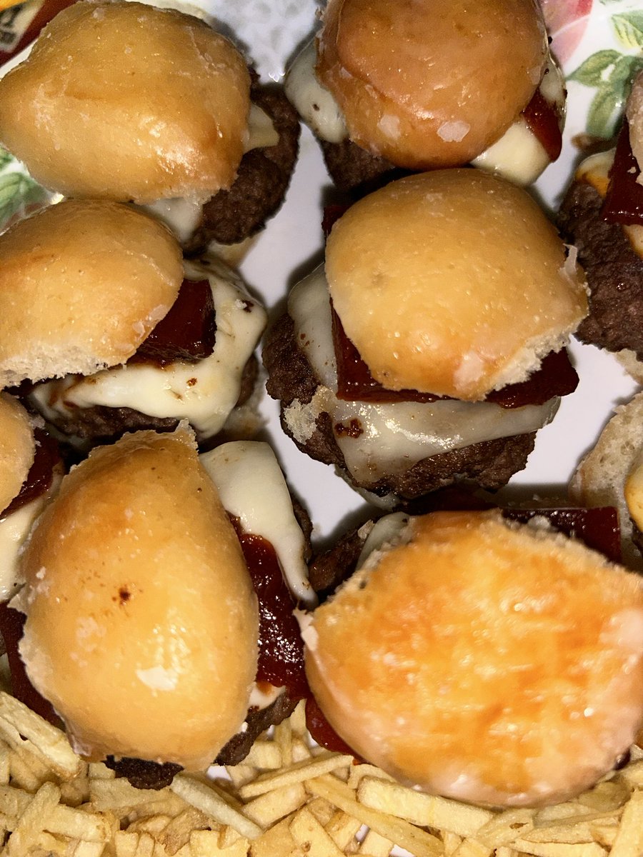 Had some donut holes sitting on the counter so I made mini donut burger sliders with cheese and guava and potato sticks