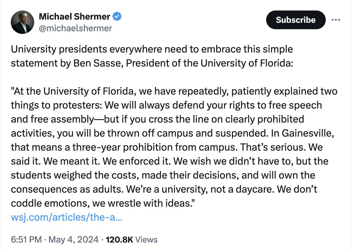 Ivy league schools, are you listening?  

See statement from UF President. This really isn't that hard.

This isn't about free speech, it's about conduct.

#universityprotests