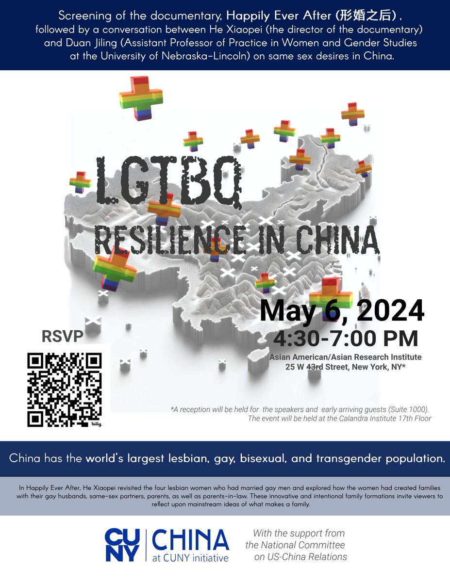 Join @NCUSCR #PIPFellow @like2soc (@CUNY) for a documentary screening and discussion on #LGBTQ resilience in China on May 6, 2024.
