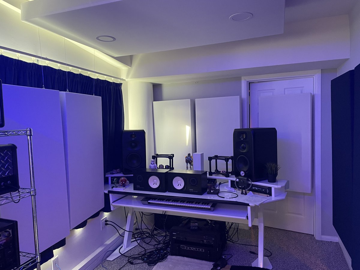 Mixing & Vocal Recording Room with 16 of our 4” Standard White Ultacoustic All Broadband Bass Traps Including our Custom 4’ x 6’ Cloud #basstraps #acousticpanels #basstrap #soundpanels #studio #homerecordingstudio #recordings #homestudio #recordingequipment