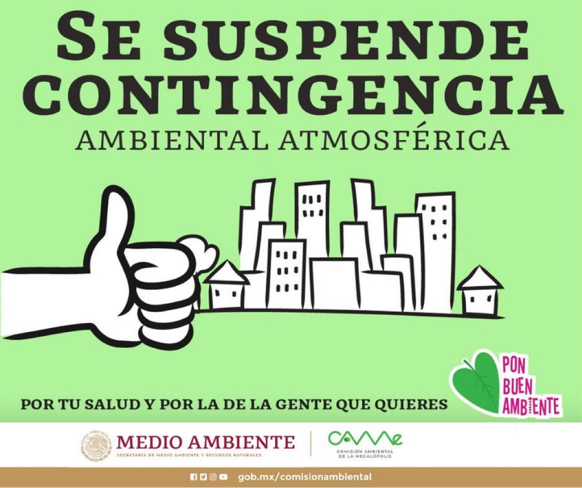 🛑#Ojo: Se suspende contingencia ambiental atmosférica por ozono en la ZMVM, ya que los modelos de pronóstico indican que las condiciones meteorológicas continuarán favorables para la dispersión de contaminantes en el resto de la tarde. bit.ly/4du8RDZ