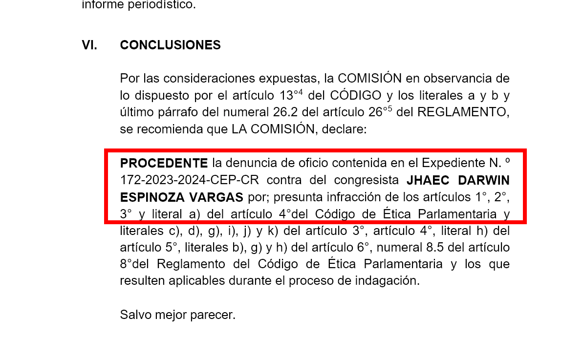 #CrisisPolítica | Plantean declarar procedente denuncia de oficio contra Darwin Espinoza por uso de trabajadores y bienes destinados al trabajo parlamentario para asuntos relacionados con la creación de su movimiento regional. El caso será visto este lunes en el grupo de Ética.