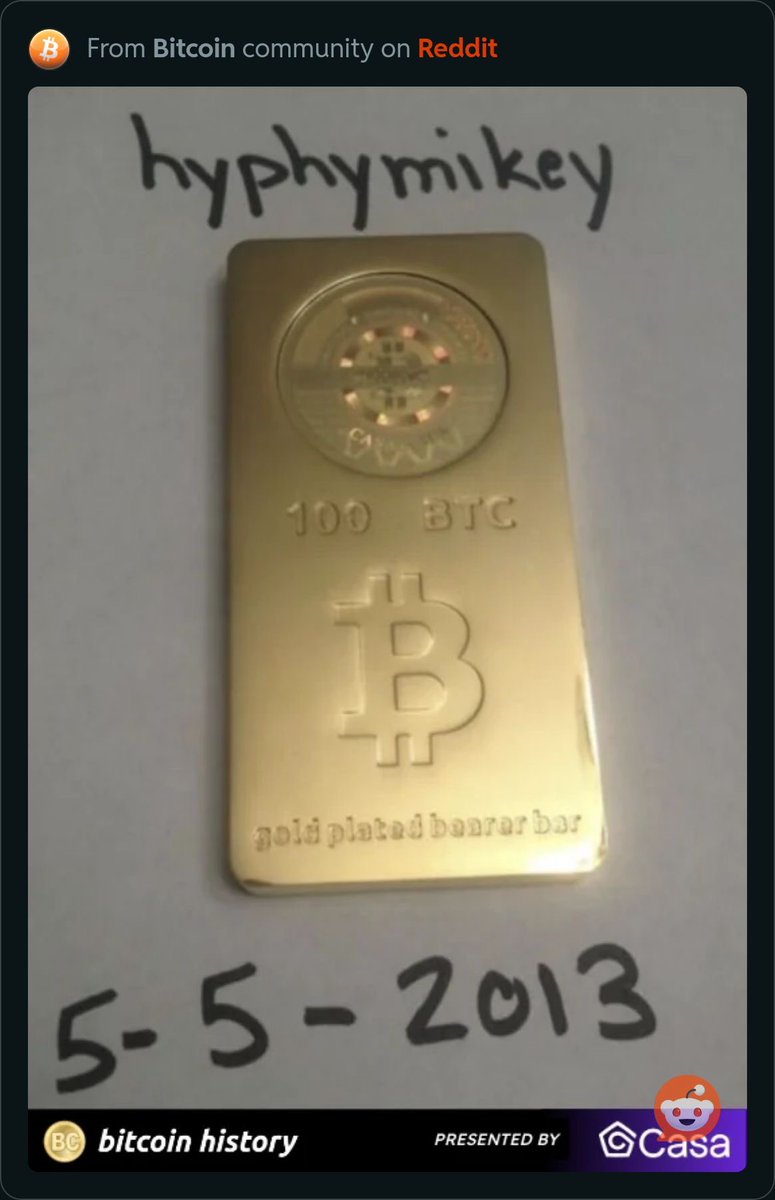 Someone paid 100 BTC to forge this gold bar in 2013. Gold bar value was $12,000 BTC value was $120 Twelve years later..... Gold bar current value $13,000. 100 BTC current value $6,000,000 @CasaHODL @PeterSchiff