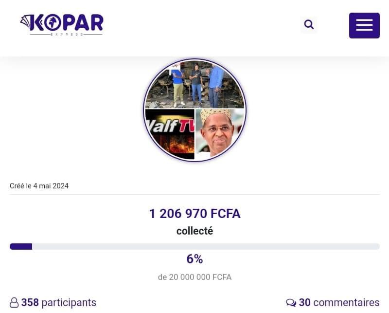 Lancer a 20h on est déjà à 
1.200.000 FCFA 🥰🥰🥰🇸🇳💪

Solidarité solidarité pour Walfadjri 
Pour participer 👇🏽
koparexpress.com/apps/collectes…