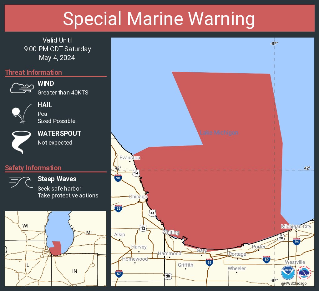 Special Marine Warning continues for the Lake Michigan from Winthrop Harbor to Wilmette Harbor IL 5NM offshore to Mid Lake, Lake Michigan from Wilmette Harbor to Michigan City in 5NM offshore to Mid Lake and Wilmette Harbor to Northerly Island IL until 9:00 PM CDT