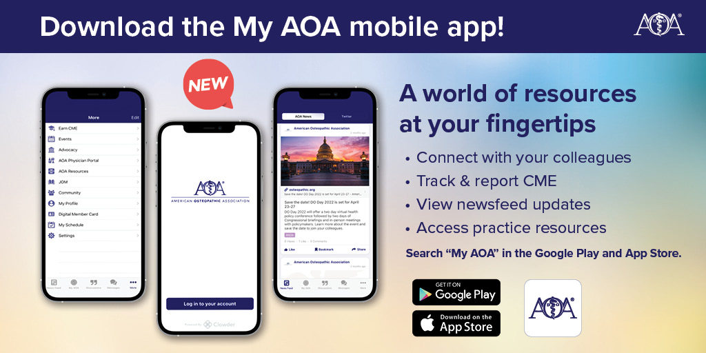 My AOA mobile app connects you to a world of resources The My AOA mobile app is your one-stop shop for exclusive news, advocacy opportunities, education, and resources for osteopathic physicians and medical students. Download the My AOA mobile app today! bit.ly/3IFxSvS