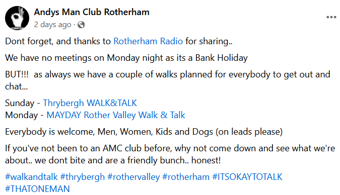 #sundayvibes - need some fresh air. good company - join today's  - #mayday #walkandtalk 10.30am Thrybergh Country Park

EVERYBODY is welcome, men, women, kids and dogs

@andysmanclubuk Rotherham, Wath-Upon-Dearne, Maltby👌🏽

#ITSOKAYTOTALK👌🏽 #JustOneMan #walkandtalk🚶🏽‍♀️🚶🏽🚶🏽‍♂️🐕👩🏽‍🦽👨🏽‍🦼