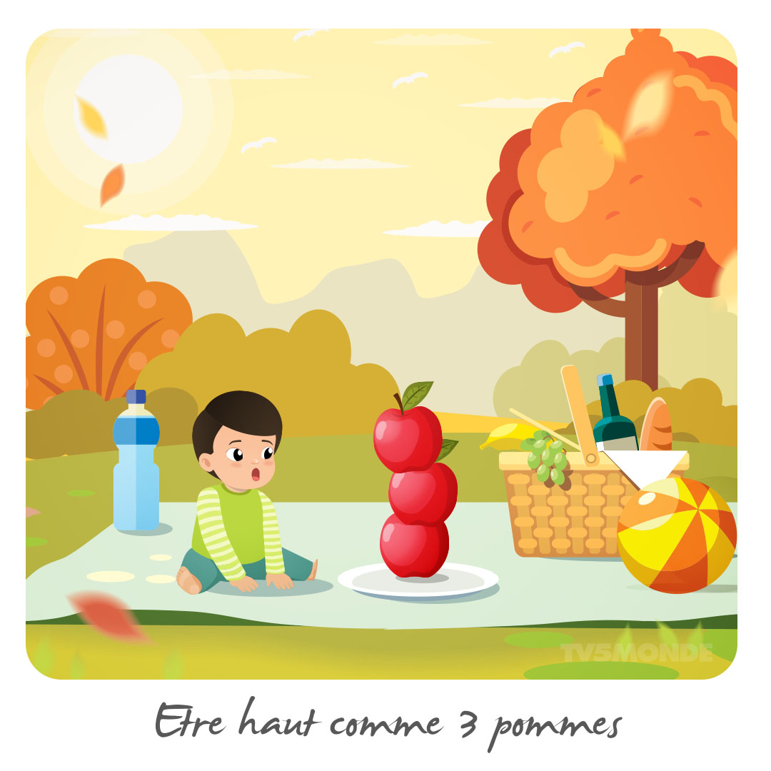 🍎 Être haut comme 3 pommes 
➡ Désigne un enfant de petite taille. 
Ex. Ma nièce de 5 ans est très petite ; elle est haute comme trois pommes.
#expressiondenombre #expression #fle