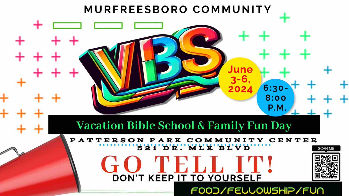 Mark your calendars for the Murfreesboro Community Vacation Bible School June 3 - 6 from 6:30 - 8 PM CST! Scan the QR Code on the below flier to sign up! #VacationBibleSchool #WeAreBethel