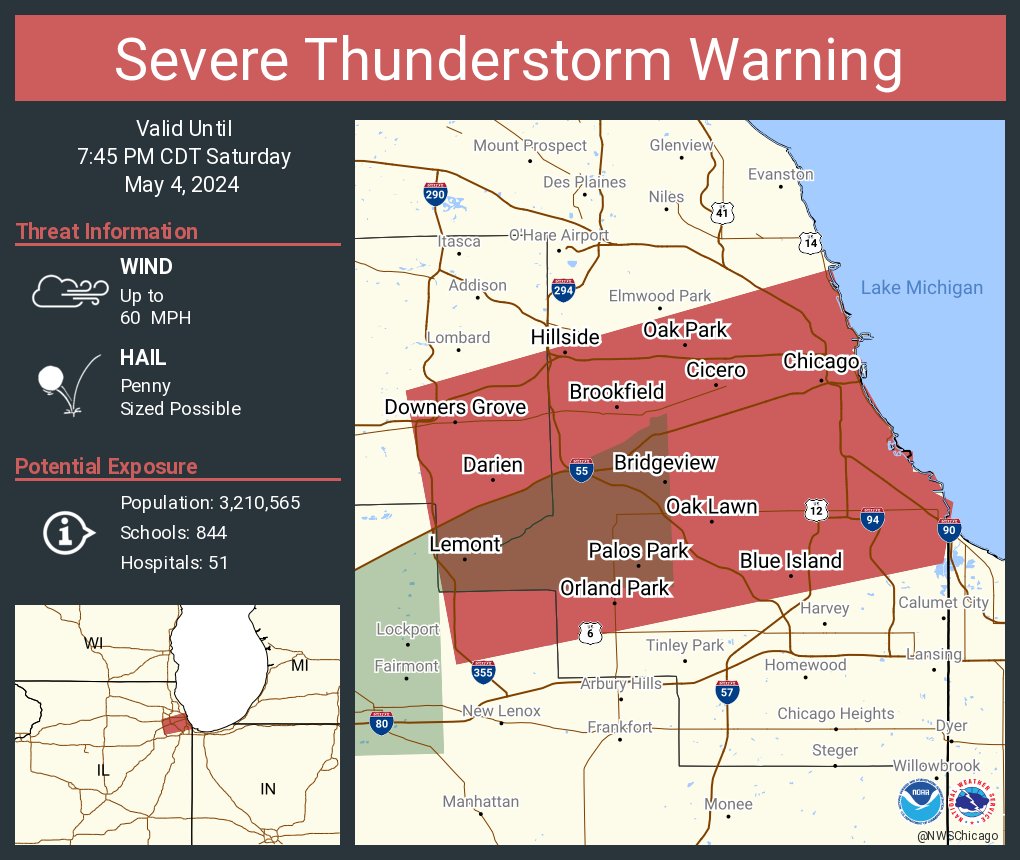 Severe Thunderstorm Warning continues for Chicago IL, Cicero IL and Orland Park IL until 7:45 PM CDT