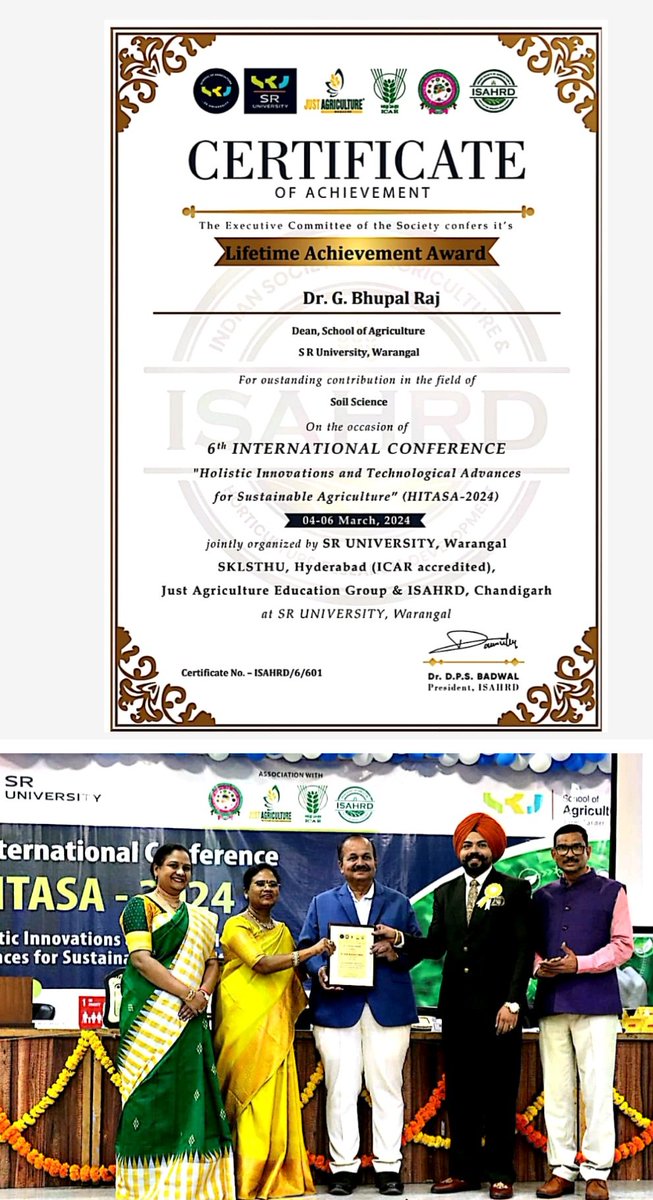 I am very happy to share the news of getting #LIFETIMEACHIEVEMENTAWARD by Just Agriculture Edu. Group  and ISAHRD, @Chandigarh during the 6 th Int. Conf. onHITASA-2024
 @SRuniversity
#Lifetimeachievementaward
#DeepakGarg 
Just Agriculture Edu. Group
Dr Neeraja Prabhakar Boga