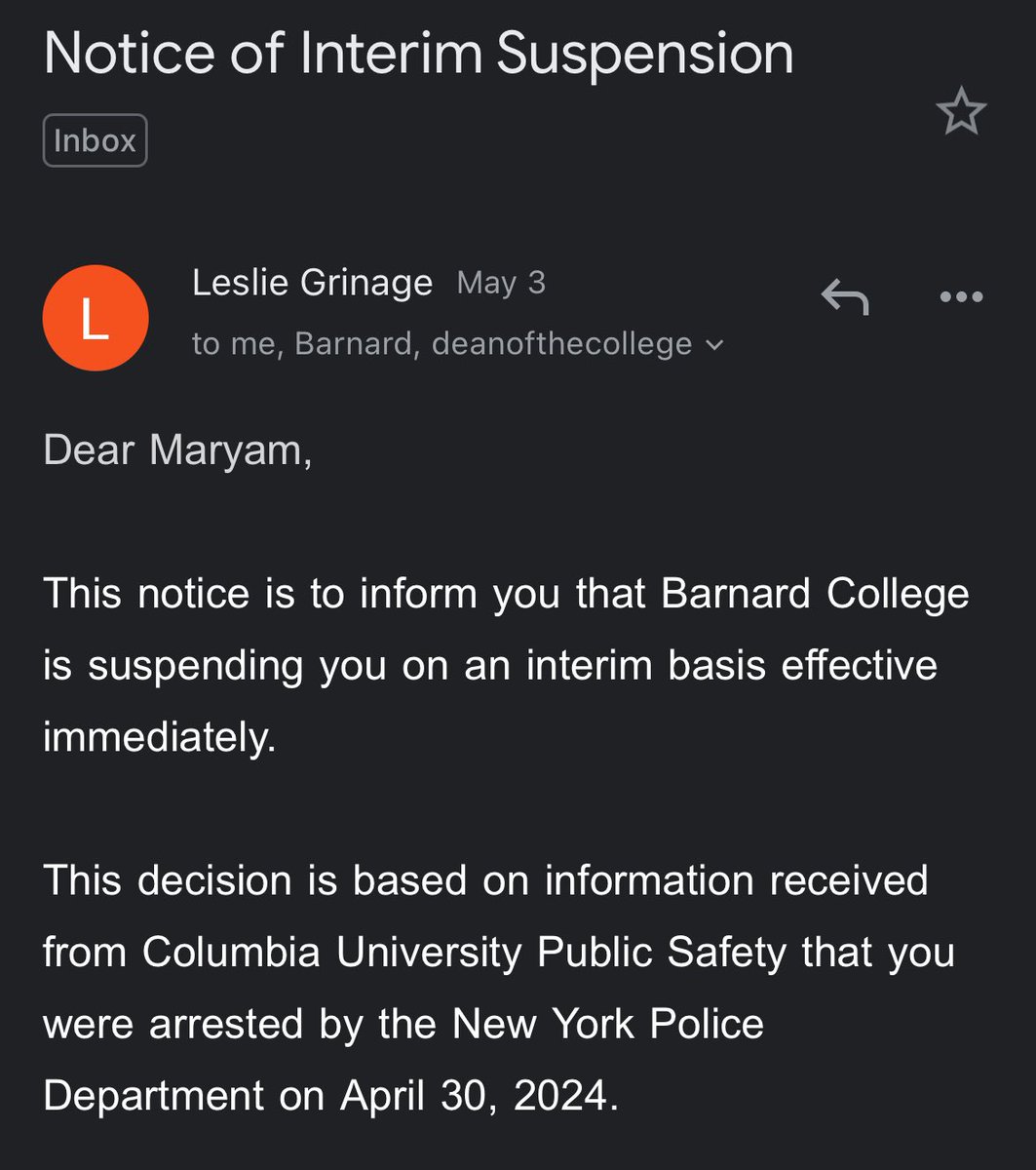 Yesterday morning, I was suspended and evicted AGAIN after one week of being unsuspended — this time for being arrested OUTSIDE Columbia’s gates. I was arrested and subsequently brutalized bc I was recording the pigs & they didn’t want people seeing what they were doing to us.