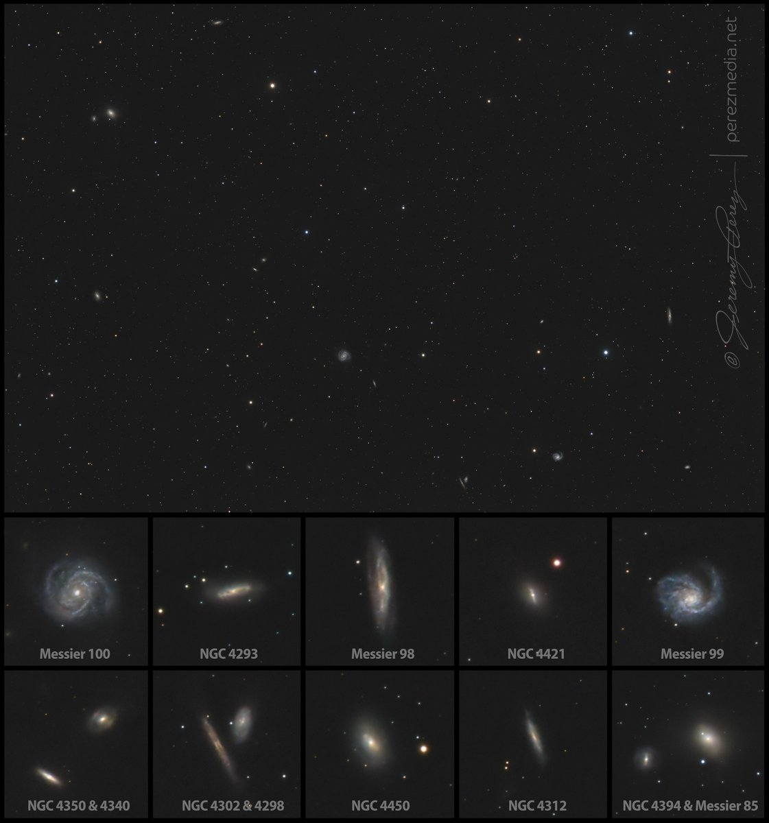 7 degrees in Coma Berenices. Was planning to image Markarian's Chain in Virgo last night but a mispointed test shot sported tasty spirals that changed my mind on the target. Field is so wide it's hard to pick out individuals—but there are dozens. A few highlights gridded below.