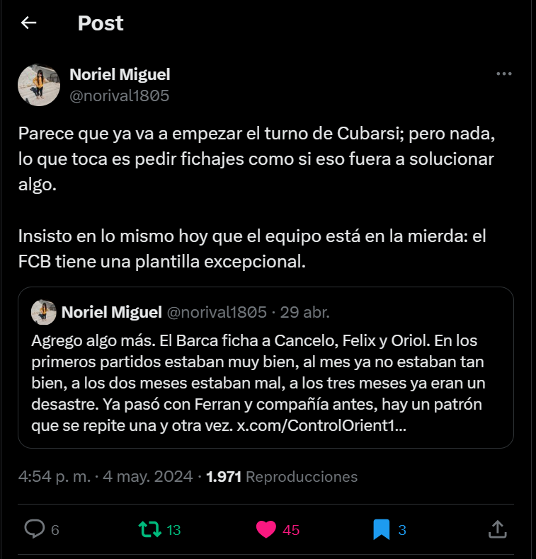 RenVengador's tweet photo. Culpan a Frenkie siempre por los partidos, ahora que no están culpan a Cubarsi

Cada día culpan a un jugador nuevo. De hecho, HAN CULPADO A TODOS LOS JUGADORES DE LA PLANTILLA sobre el mal rendimiento del equipo.

Si cada día el que la caga es alguien diferente, el problema es... https://t.co/u7q4yS2E43