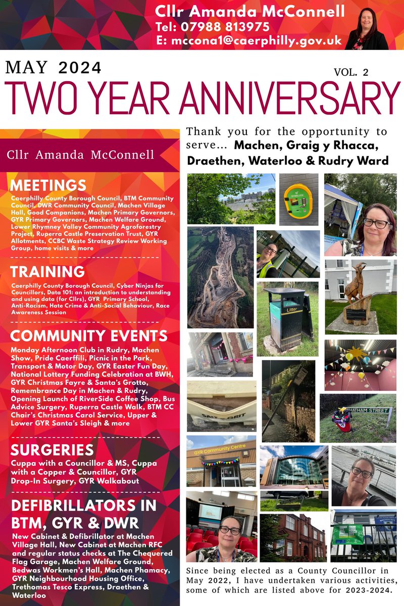 🎉 Two Year Anniversary 🎉
It has been an honour and privilege, more than words can possibly convey, to serve as your Local County Councillor (newly elected in 2022) & Community (BTMCC in 2014 & DWRCC in 2023) Councillor! 

Thank you….. #Machen #GYR #Draethen #Waterloo #Rudry