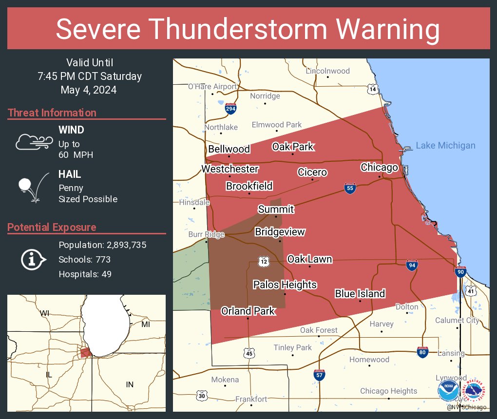 Severe Thunderstorm Warning continues for Chicago IL, Cicero IL and Orland Park IL until 7:45 PM CDT