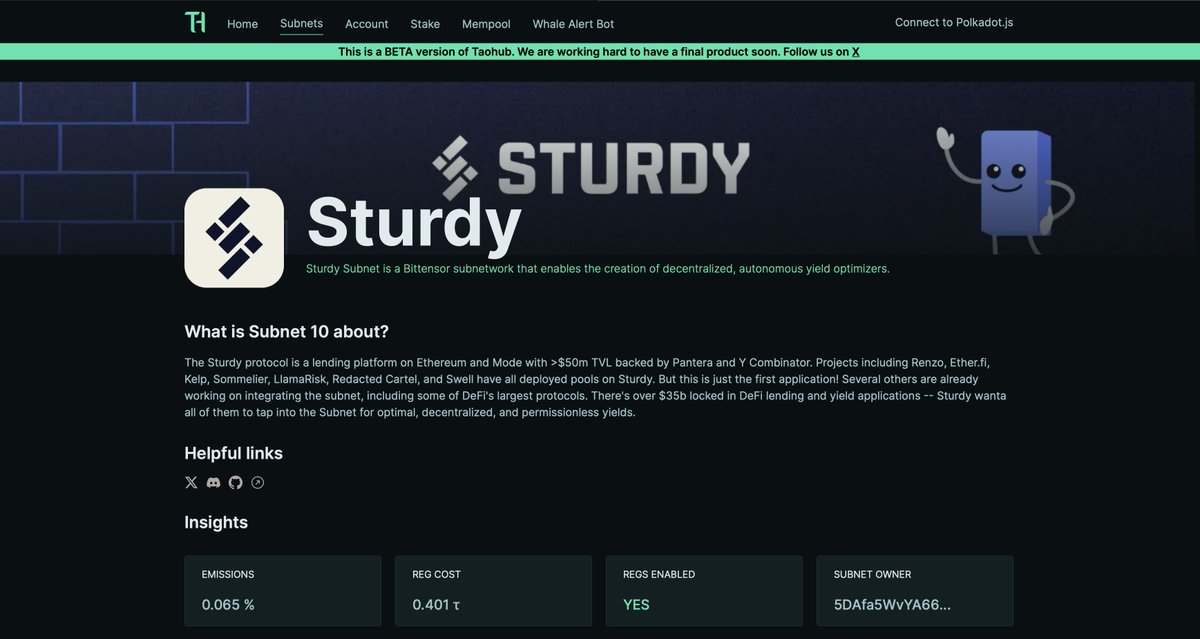 TaoHub just updated Subnet 10, and we're excited to welcome @SturdyFinance! 📈 All important data to mine $TAO on SN10 can now be found on TaoHub, the emissions, registration costs, and more - in one click!⚡️ 🌐 taohub.ai