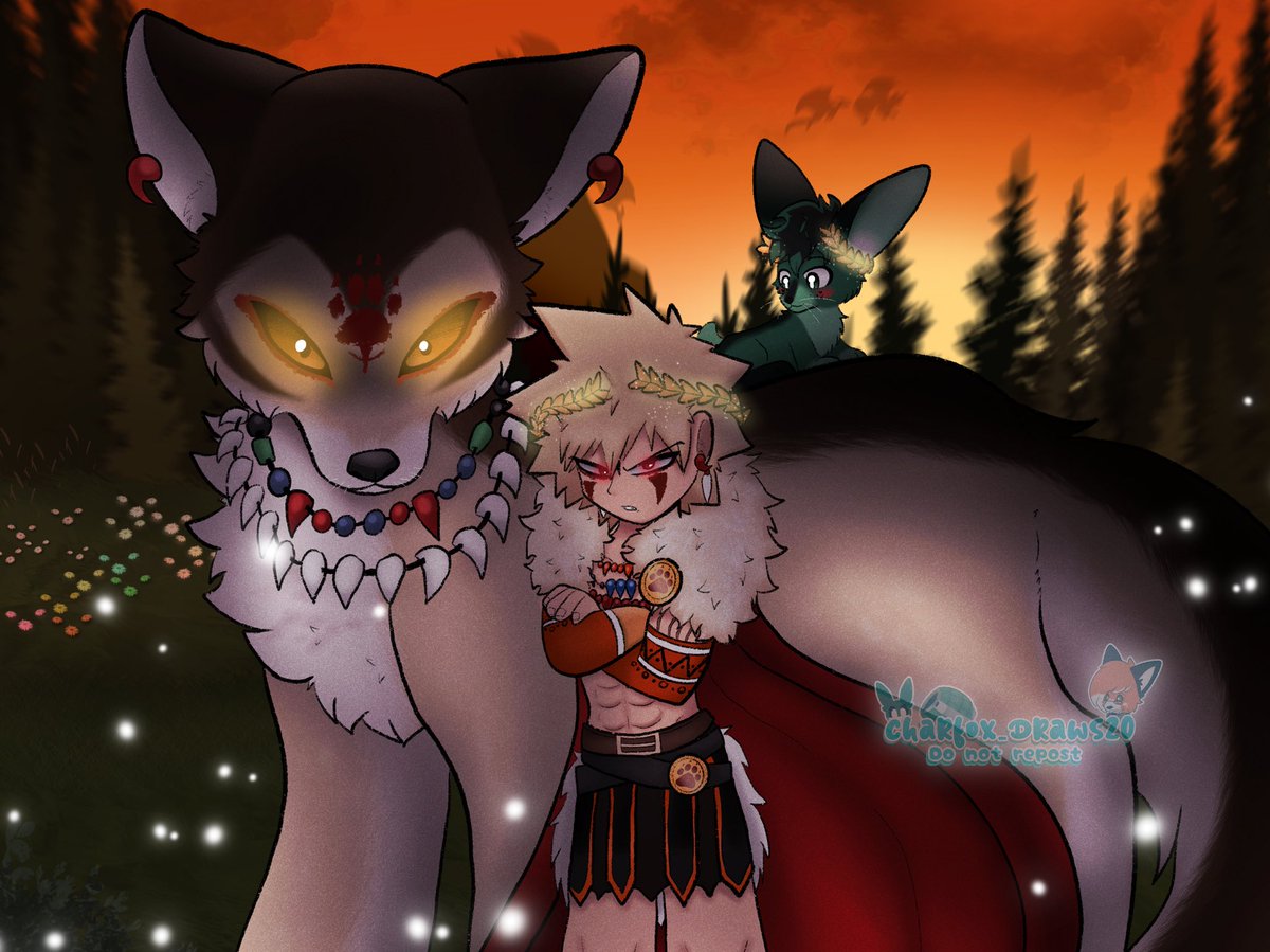 #mythsofmay #mofm
#mythsofmay2024 #mofm2024 #bkdk #bakudeku

Myths of May Day 4: God/Goddess 🐺🌿

the wolf god of the land, with his trusty steed, and beloved in his bunny form