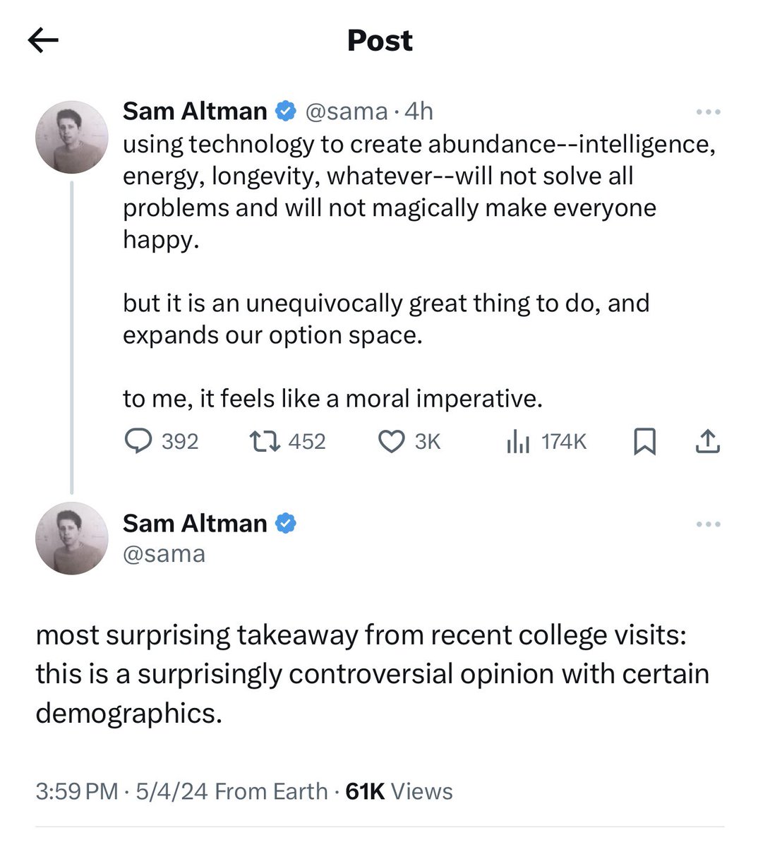 Umm, perhaps you should look up what the word “unequivocal” means—or reconsider your use of it, given what you mention in your second tweet here, @sama.