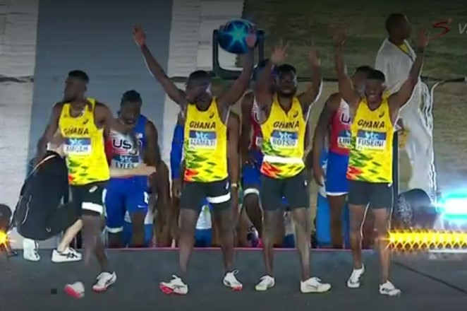 🇬🇭 Team Ghana out for the 4x100m race at the Bahamas World Relays #JoySports