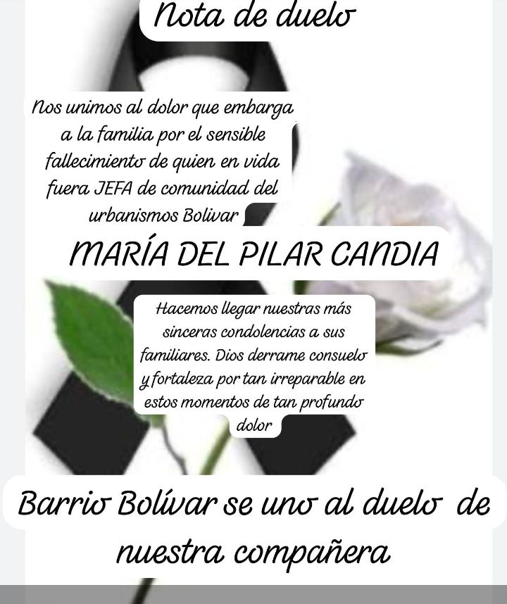 #04Mayo La comunidad de Barrio Bolívar (Clap Robert Serra- Calle El Alto Parte Baja) lamenta el sensible fallecimiento de la Camarada María Candia. Enviamos nuestras sinceras condolencias a familiares y amigos ante esta irreparable perdida. Q.E.P.D