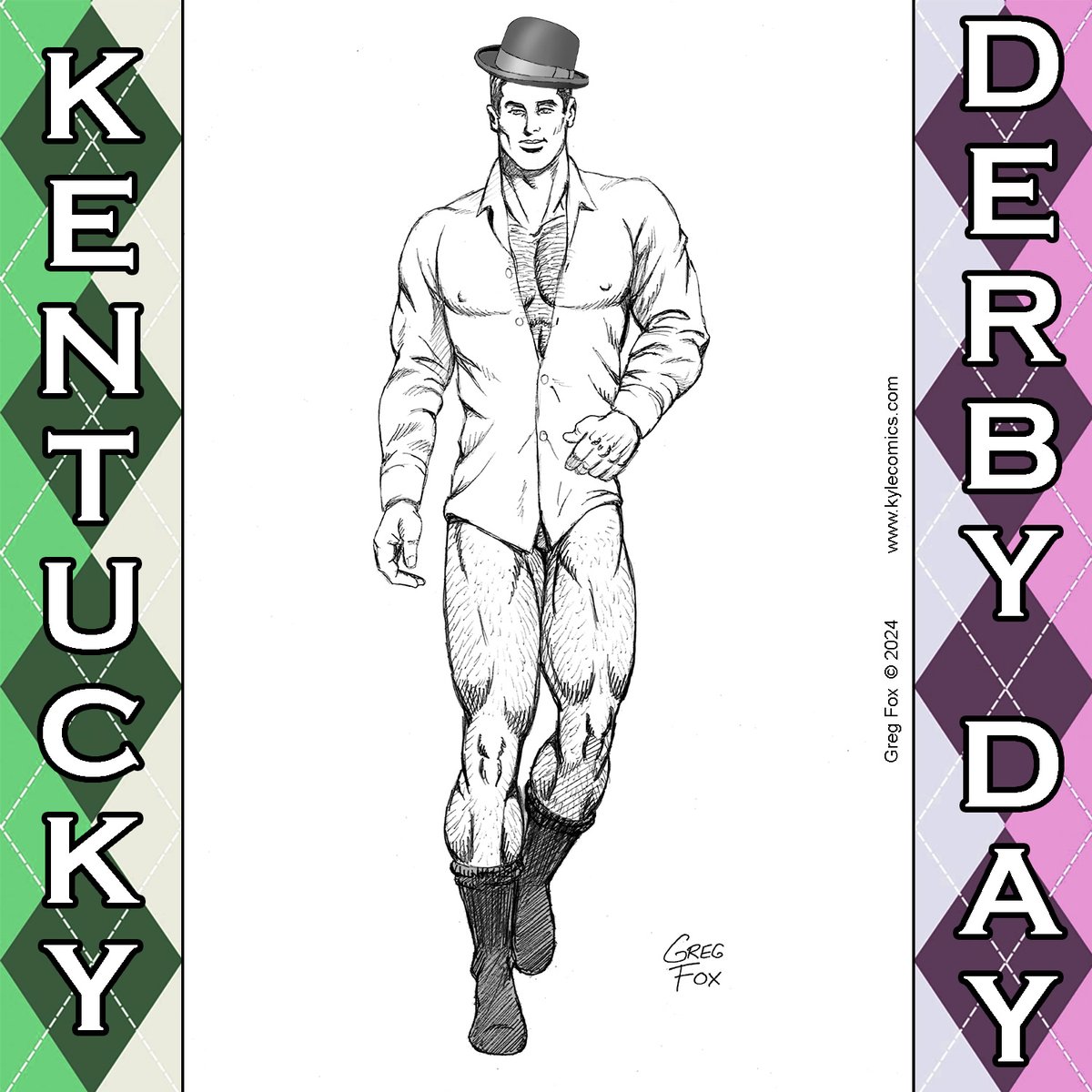 Lest we forget, amongst all the events of today, (World Naked Gardening Day, Free Comic Book Day, May the Fourth), that it is ALSO Kentucky Derby Day... here comes Kyle's B&B's own Kentucky boy Price Kingsbury wearing his derby, (and not much else!), to remind you it is so! 🐴