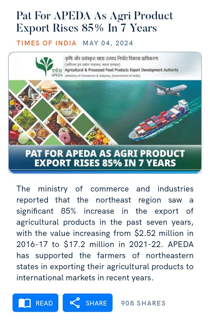 Pat For APEDA As #AgriProductExport Rises 85% In 7 Years

timesofindia.indiatimes.com/city/guwahati/…

#agriculturalProducts #exportsgrowth