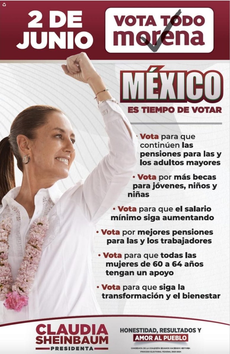 Este 2 de junio tenemos una cita con la democracia y con el futuro para nuestro país. 

Salgamos juntas y juntos a votar por las y los candidatos de Morena para consolidar el segundo piso de la transformación.

#VotaMorena
#ClaudiaPresidenta