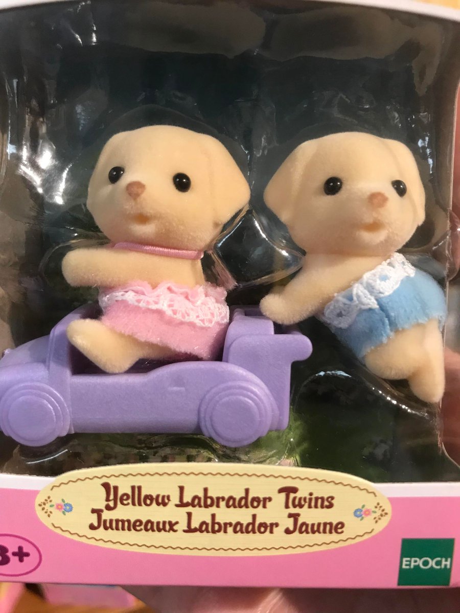StreamOverload5's tweet image. #FWMCpix I think these Calico Critters (Sylvanian Families) were mislabeled. They look like Demon Guard Dogs to me, not Yellow Labradors.