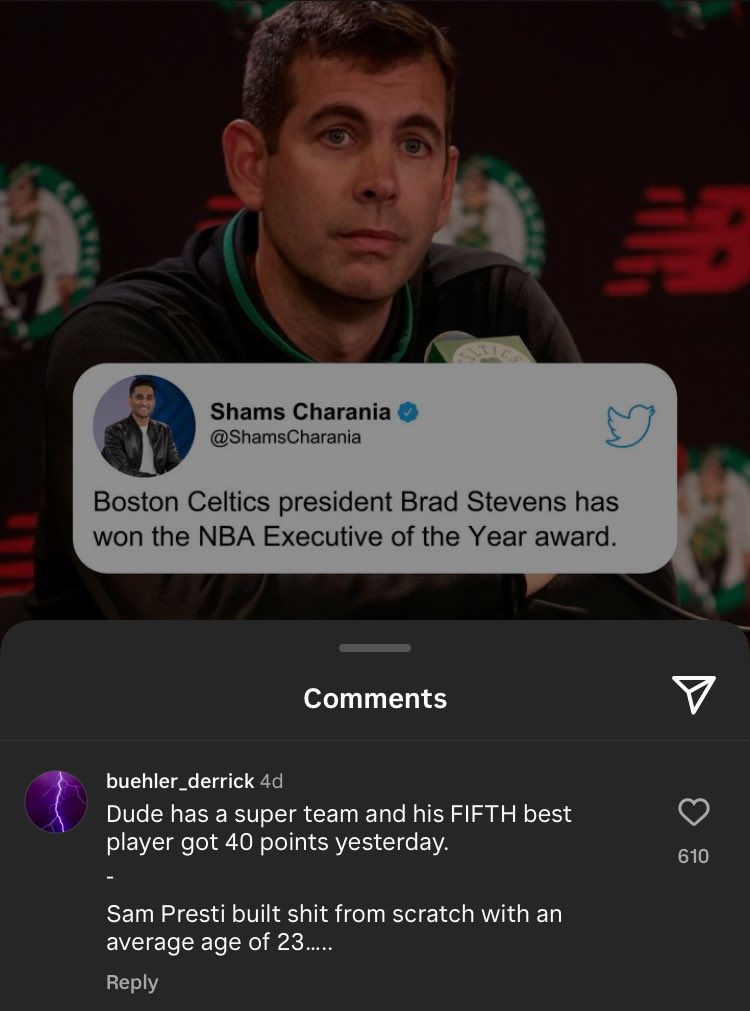 Guys. Not only is JT carried by superteams and shouldn’t get praise.

BRAD FUCKING STEVENS also gets carried by superteams as well. 

This is an ACTUAL comment on Shams’ instagram and is the most liked reply on the post. 

NBA “fans” are next level morons…..