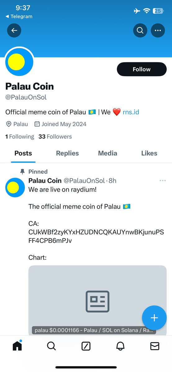 ⚠️ Beware of SCAMS ‼️ This not an “official” meme coin of Palau. Zero affiliation with the Republic of Palau 🇵🇼 Zero affiliation with @RNS_global Buyer beware. Buy at your own risk.