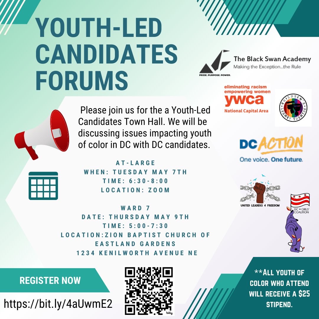 🔔🔔Please Join Us for our virtual At-Large Candidate forum on May 7th and our in-person Ward 7 Candidate forum on May 9th. Any young person in Attendance will receive a $25 stipend!! link to register: bit.ly/4aUwmE2