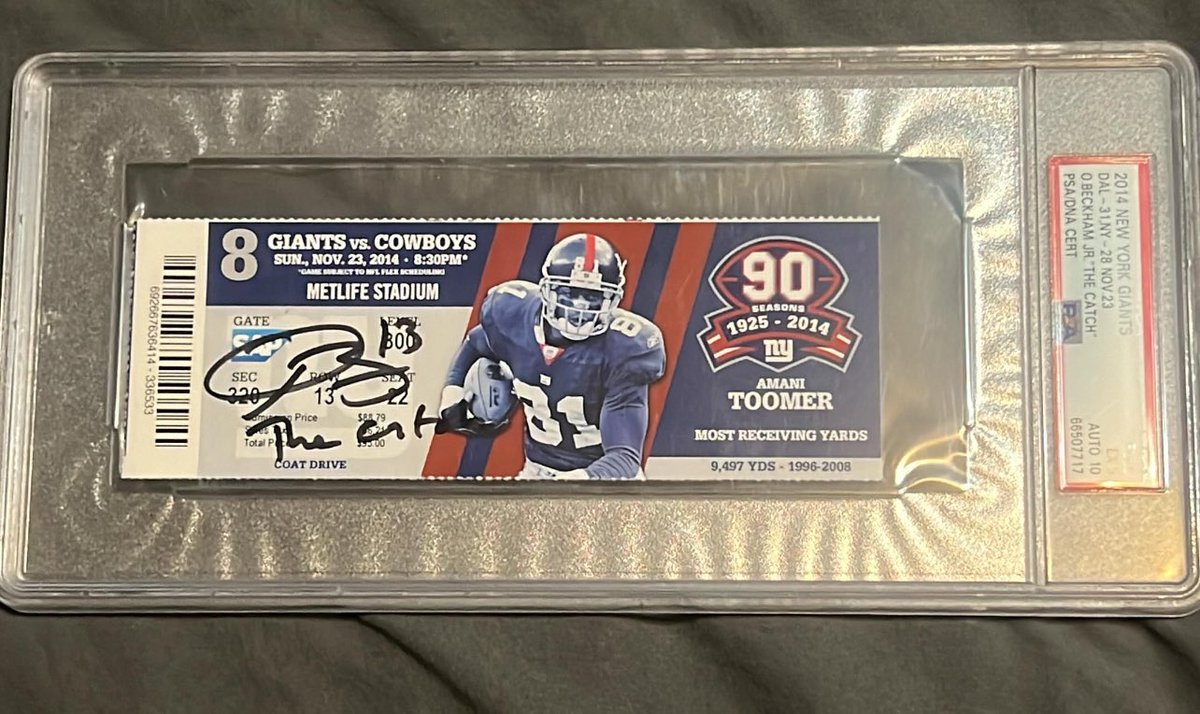 Awesome piece here. @obj signed & inscribed ticket from #TheCatch on November 23, 2014! Authenticated and encapsulated by @PSAcard.

#nygiants @Giants