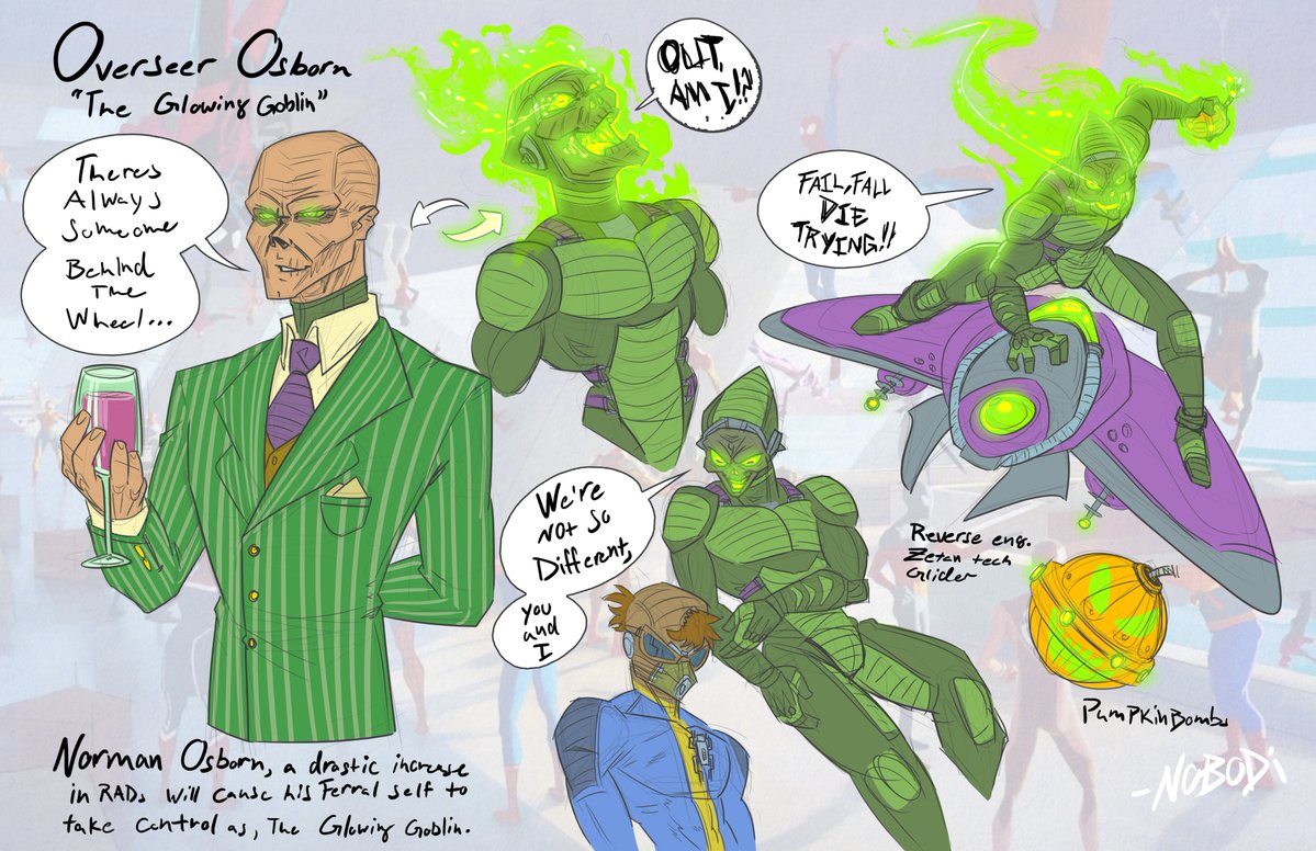 Continuing with Marvel x Fallout, as promised! Sinister 6 part 3. Overseer Osborn, the Glowing Goblin. - A shrewd businessman from a bygone era, with access to top secret government tech. A dramatic spike in radiation will cause his alter Ego to take control.