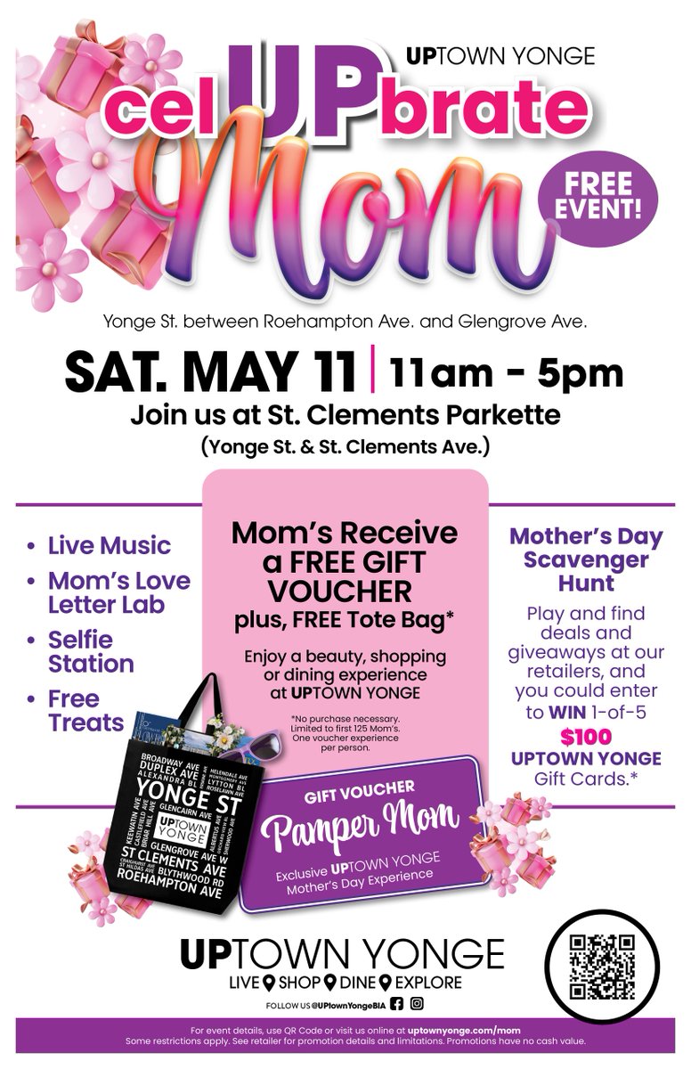 Celebrate Mother's Day on Saturday, May 11 from 11am-5pm at the @UptownYongeBIA. There will be food, shopping, deals, and activities to make Mother’s Day extra special. uptownyonge.com/mom