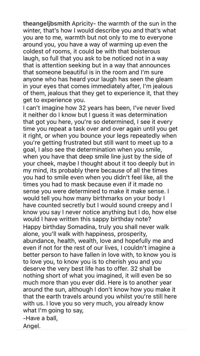 “I couldn’t imagine a better person to have fall in love with… I can’t imagine how 32years has been” — Angel wishes Soma a happy birthday in a 5000 word essay