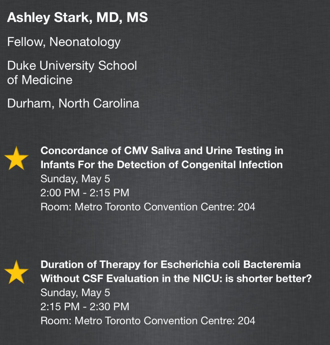 Tomorrow morning our 3rd year fellow, Dr. Ashley Stark will be presenting 2 of her studies during the Infectious Diseases 2 session @PASMeeting. Don’t miss it! 
#PAS2024 #neotwitter @WomenNeo @NeoTECaN @Duke_Childrens @DukePedsRes @DCRINews