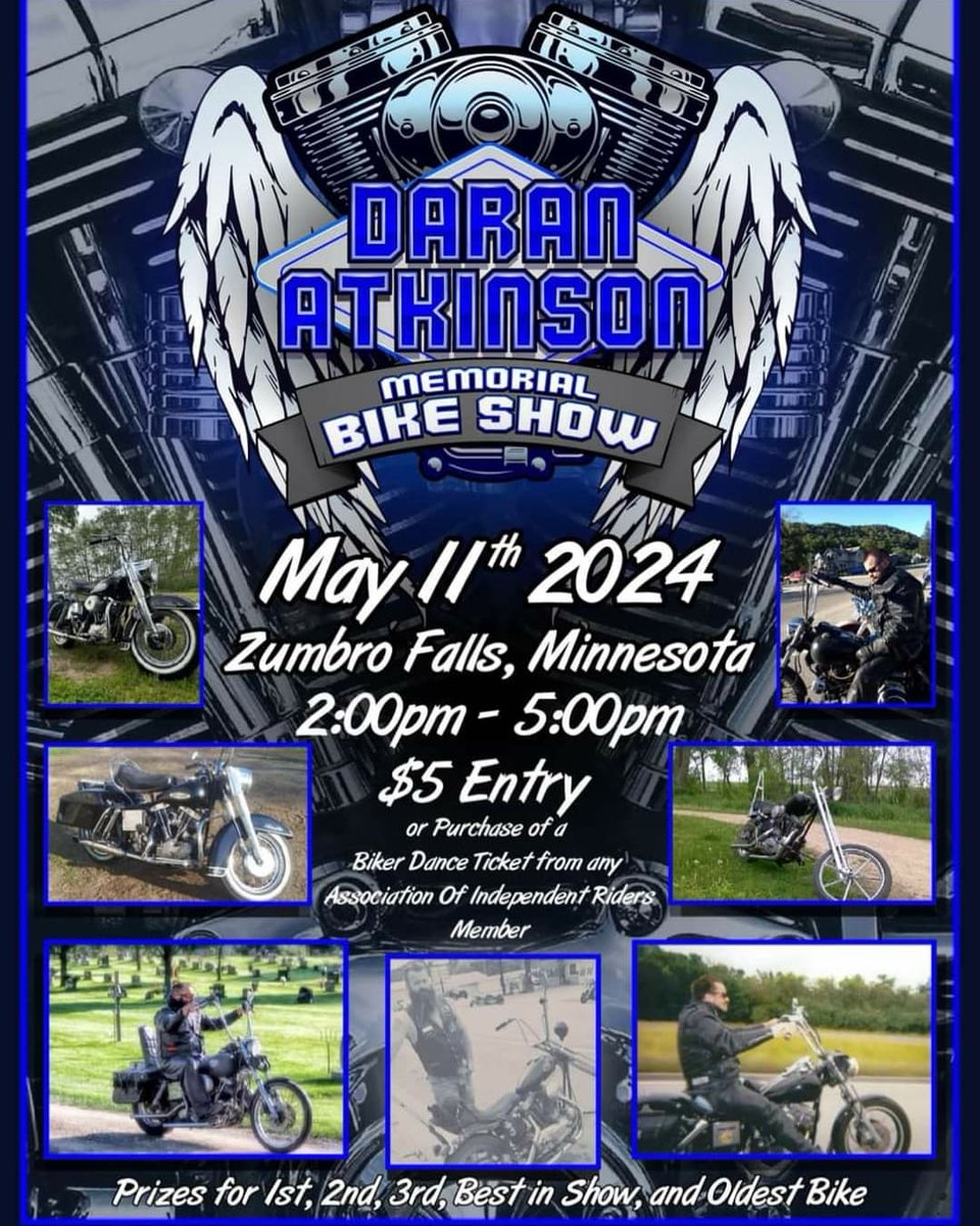 Memorial Bike Show May 11 in Zumbro Falls, MN. $5 entry
#bikeshow #motorcycleshow #biker #motorcycle #motorcyclelifestyle #motorcyclist #motolife #minnesota