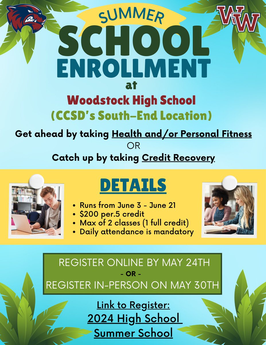 As we come to the end of the semester, it's time to look at possible plans in case you don't pass your classes. Know that WHS is the south-end site for CCSD Summer School. For more information & to sign-up for classes, review the flyer and sign-up! #1Woodstock