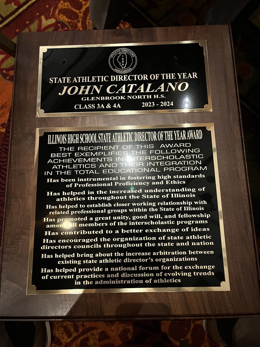 GBN_Athletics's tweet photo. Congratulations to John Catalano on being awarded the @IllinoisAD Association Athletic Director of The Year Award. What an amazing accomplishment and so well deserved. Congratulations John. @BoosterGbn @glenbrooknorth https://t.co/ErKEaudHkX