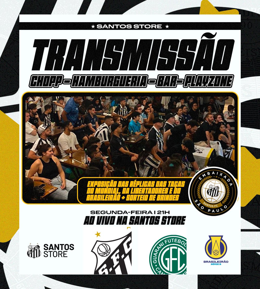 Segunda também é dia de transmissão na Santos Store SP! ⚪️⚫️ O evento vai contar com sorteio de brindes e exposição de taças do Peixe. Venha torcer com a nação santista em mais uma batalha! 📍Av. Pacaembu, 1701 - SP