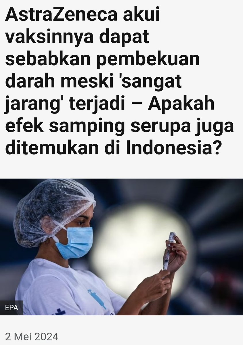NgkongRoses's tweet photo. Yang dapat vaksin AstraZeneca mana? 

Gue salah satu yang divaksin AstraZeneca tersebut. Alhamdulillah, sejauh ini aman termasuk seluruh rekan kerja yang mendapatkan vaksin yang sama. 

Gue sih berserah diri saja ke Yang punya hidup. 🙏

Perlu dibaca dan dipahami dengan baik, bahwa di Indonesia, @KemenkesRI dan Komisi Nasional Kejadian Ikutan Pasca Imunisasi (Komnas KIPI) menyatakan tidak ada laporan kasus dengan efek samping serupa.

Jadi, yang heboh itu di Inggris. 

Semoga, anda semua yang mendapatkan vaksin baik itu AstraZeneca maupun bukan, tetap dalam kondisi aman dan sehat sentosa. Aamiin🙏

Selamat berhari Minggu guys 💪✊

https://t.co/ch0aXrr8xU