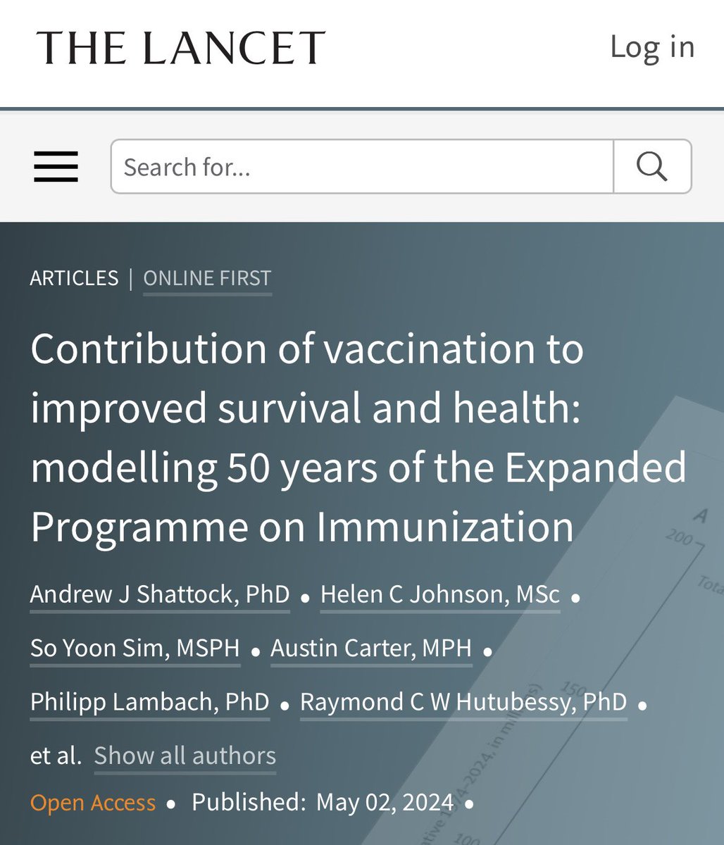 Vaccines are estimated to have saved 154 million lives since 1974, 95% of these in children younger than 5 years. As a result of 50 years of vaccination, a child born today has a 40% increase in survival for each year of infancy and childhood. thelancet.com/journals/lance…