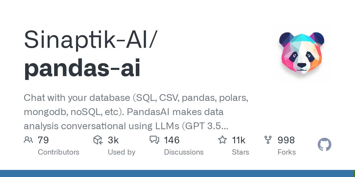 Sinaptik-AI/pandas-ai: Chat with your database (SQL, CSV, pandas, polars, mongodb, noSQL, etc). PandasAI makes data analysis conversational using LLMs (GPT 3.5 / 4, Anthropic, VertexAI) and RAG. bit.ly/3w5E1B3
#AI #MachineLearning #DeepLearning #LLMs #DataScience