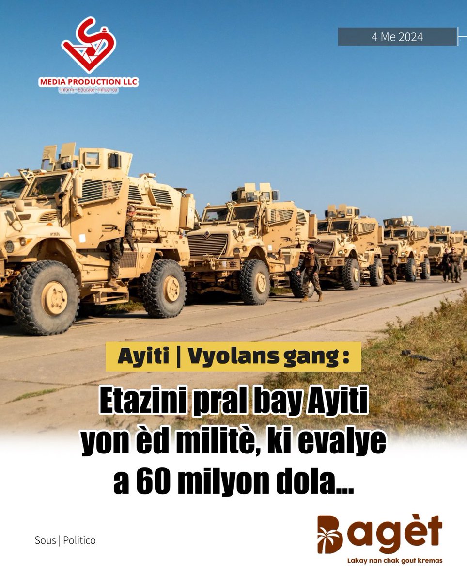 📌 Nan èd militè sa a, Etazini ap bay Lapolis nasyonal🇭🇹 pou pi piti 80 Humvees, 35 materyèl kap pote « infanterie MaxxPro », plizyè zam pou sniper, ekipman « anti-émeute », zam, katouch ak dwon siveyans | @politico