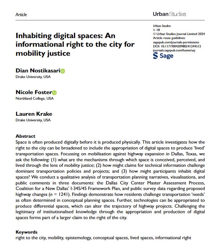 New study by @dnostikasari et al asks: what are the mechanisms through which space is conceived, perceived, and lived through the lens of #mobility justice? 
ow.ly/WQpI50RsHkz
#epistemology