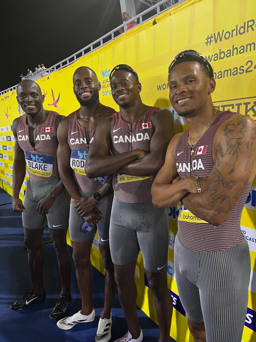 QUALIFIED! 🥳 Team 🇨🇦’s 4x100 Men’s Relay team has secured their spot for the Paris 2024 Olympics! They finished first in their heat crossing the line with a Season’s Best time of 38.11s! 💨 Let’s congratulate them as they sprint towards Olympic glory! 🥇