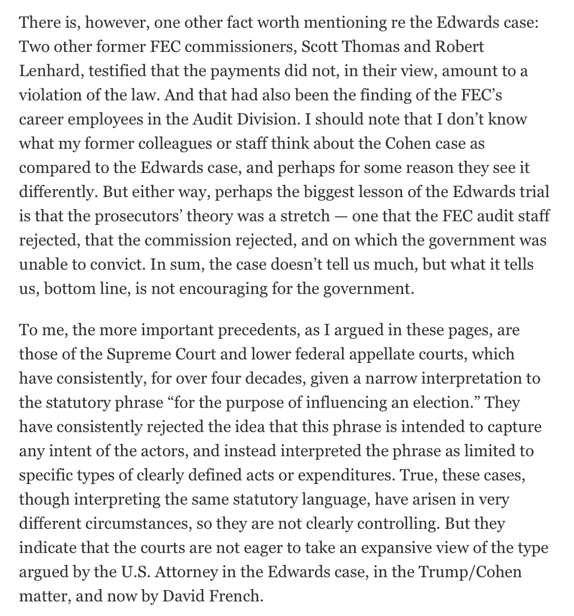 Thoughts on the John Edwards case, from the former chairman of the Federal Election Commission: nationalreview.com/2018/12/trump-…