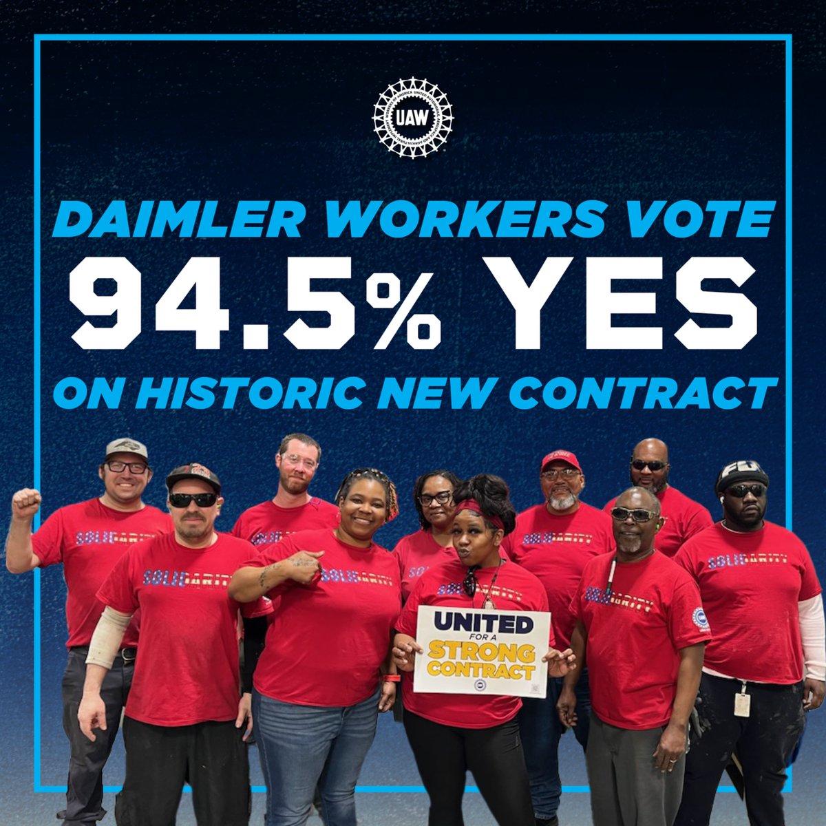 UAW Daimler Truck members turned out in record numbers to ratify a historic common contract by 94.5%! We showed the world what's possible when you Stand Up and Stand United. 
#StandUpDaimler #StandUpUAW
